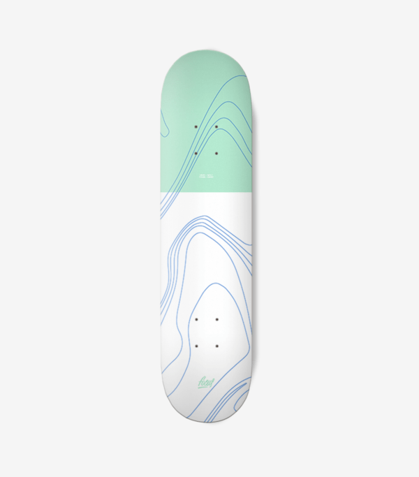 white skateboard deck with top third mint green and lines covering the deck