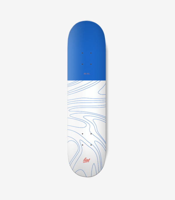 white skateboard deck with top third dark blue and lines covering the deck